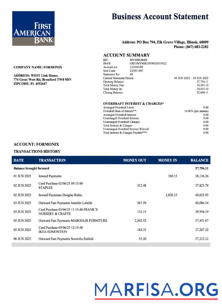 Downloadable USA First America Bank company checking account statement Word and PDF template